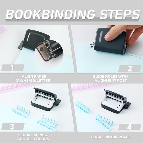 Spiral Binding Machine-Mini 6 Hole Puncher, DIY Creative Book Binder Machine for Planner, A4-30 Holes, A5-20 Holes, B5 26 Holes with 16 PCS 6-Hole Loose Leaf - Blue in Saudi Arabia