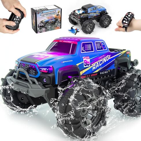 Amphibious Remote Control Car, Monster Trucks for Boys Age 4-7, Monster Truck Toys W/Blocks & 360°Spin, 4WD All-Terrain Off-Road RC Cars with 2 Batteries 100 min, 2.4Ghz Pool Toy Gift for Kids in Saudi Arabia