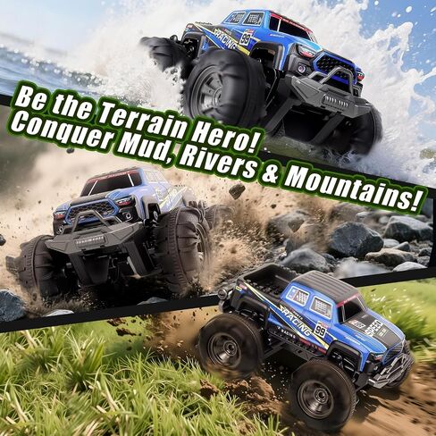 Amphibious Remote Control Car, Monster Trucks for Boys Age 4-7, Monster Truck Toys W/Blocks & 360°Spin, 4WD All-Terrain Off-Road RC Cars with 2 Batteries 100 min, 2.4Ghz Pool Toy Gift for Kids in Saudi Arabia
