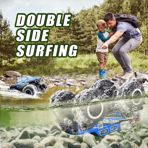 Amphibious Remote Control Car, Monster Trucks for Boys Age 4-7, Monster Truck Toys W/Blocks & 360°Spin, 4WD All-Terrain Off-Road RC Cars with 2 Batteries 100 min, 2.4Ghz Pool Toy Gift for Kids in Saudi Arabia
