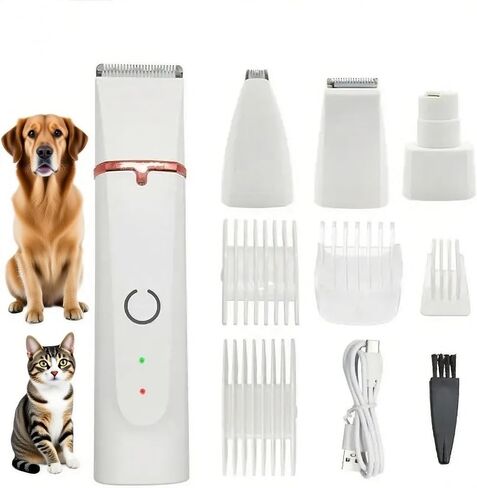 Dog Clippers Grooming Kit 4 in 1 Hair Clipper-Low Noise Paw Trimmer- Rechargeable - Cordless Quiet Nail Grinder Trimming Hair Around The Eyes and Ears for Dogs and Cats (White) in Saudi Arabia
