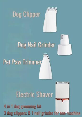 Dog Clippers Grooming Kit 4 in 1 Hair Clipper-Low Noise Paw Trimmer- Rechargeable - Cordless Quiet Nail Grinder Trimming Hair Around The Eyes and Ears for Dogs and Cats (White) in Saudi Arabia