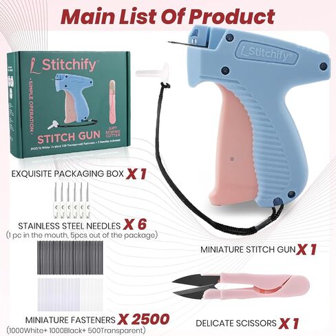 Stitchfy Stitch Gun Kit – 11 Piece for Clothes Tool Kit with 2500 Fasteners (1000 B 1000 W 500 Clear), Cutter, 6 Needles & Micro Tag Gun for All Fabric Types, DIY Sewing, Patching, and Fashion Design in Saudi Arabia