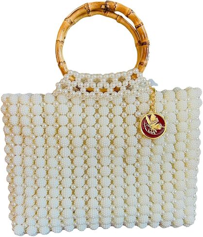 Elegant Beaded White Pearls Bamboo-Handle Tote Bag. Evening Purses and Formal Wedding Handbags. (Medium, Tote Bag, Pearl White) in Saudi Arabia