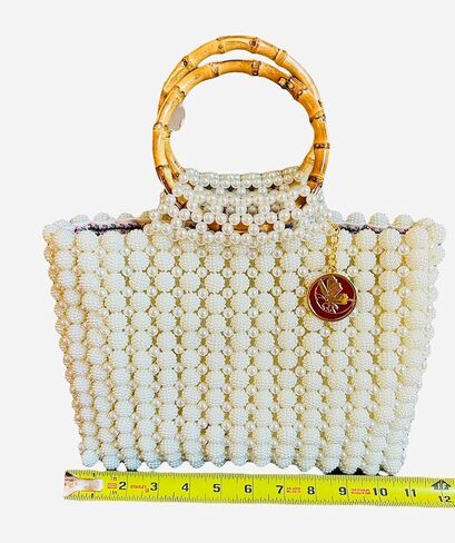 Elegant Beaded White Pearls Bamboo-Handle Tote Bag. Evening Purses and Formal Wedding Handbags. (Medium, Tote Bag, Pearl White) in Saudi Arabia