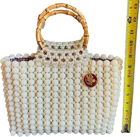Elegant Beaded White Pearls Bamboo-Handle Tote Bag. Evening Purses and Formal Wedding Handbags. (Medium, Tote Bag, Pearl White) in Saudi Arabia