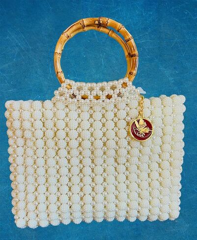 Elegant Beaded White Pearls Bamboo-Handle Tote Bag. Evening Purses and Formal Wedding Handbags. (Medium, Tote Bag, Pearl White) in Saudi Arabia
