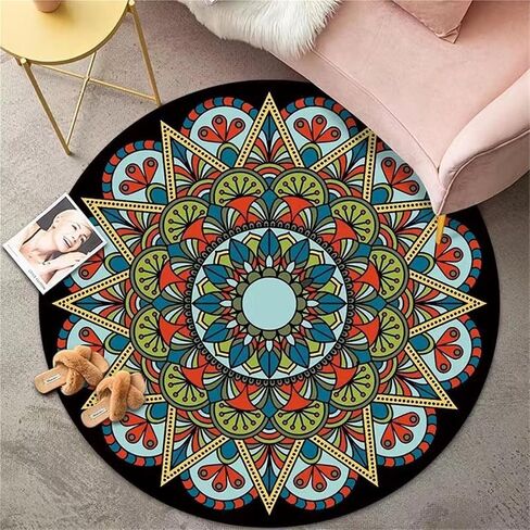 Round Rug Boho Circle Area Rug Office Chair Mat For Hardwood Floors, Non-slip Bohemian Carpet Protector Chair Mat Multi-Purpose Anti-scratch Gaming Chair Mat Non-Slip Protector Mat(Black,60cm) in Kuwait
