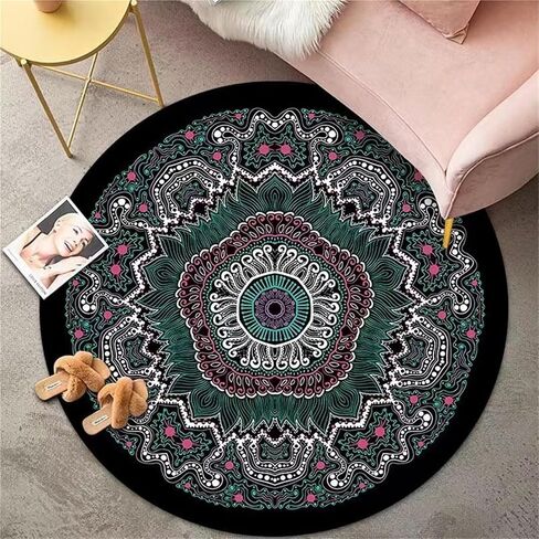 Round Rug Boho Circle Area Rug Office Chair Mat For Hardwood Floors, Non-slip Bohemian Carpet Protector Chair Mat Multi-Purpose Anti-scratch Gaming Chair Mat Non-Slip Protector Mat(Black,60cm) in Kuwait