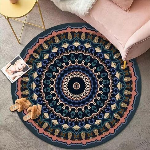 Round Area Rug Boho Round Office Chair Mat for Hardwood Floors, Vintage Circle Rug Non-Slip Bohemian Carpet Protector Chair Mat Multi-Purpose Anti-Scratch Gaming Chair Mat(Blue,200cm) in Saudi Arabia