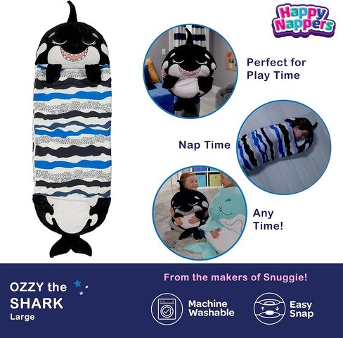 حراس سعيد: الوسادة والكيس النائم: كبير - Ozzy the Black Shark - 66 × 30 ، 2 في 1: يفتح حيوان أفخم على حقيبة النوم ، شخصية اللعب الناعمة ، الأطفال 3+ in Kuwait
