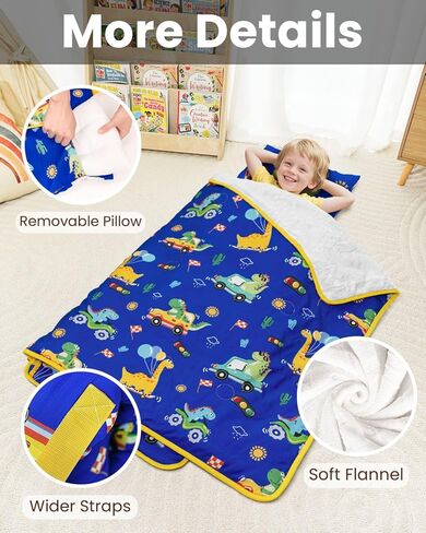 حصيرة قيلولة صغار صغار مع وسادة قابلة للإزالة وبطانية الفانيلا ، حقيبة نوم للأطفال المحمولة ، من السهل حملها ، مثالية للرعاية النهارية ، مرحلة ما قبل المدرسة ، الأولاد والبنات ، 12 شهرًا - 6 سنوات in Kuwait