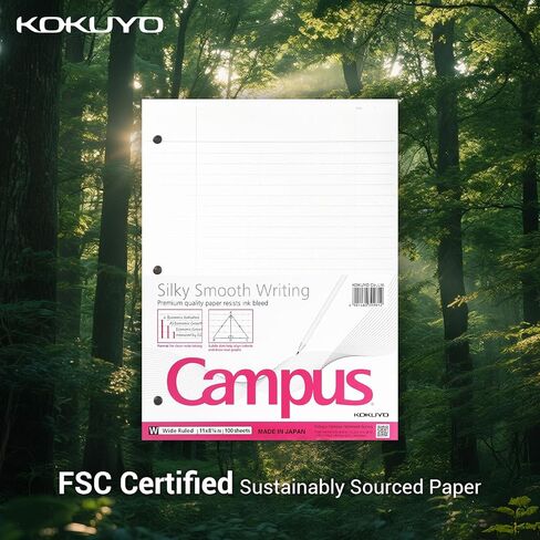 Kokuyo Campus Leaf Leaf Paper for 3 Ring Binders ، 8-1/4 "X11" ، ورقة دفتر ملاحظات واسعة ، 100 ورقة ، 70 GSM اليابانية الملساء يمنع نزيف الحبر ، موردي المدارس ، المصنوعة في اليابان (WSG-NO-887G3) in Kuwait