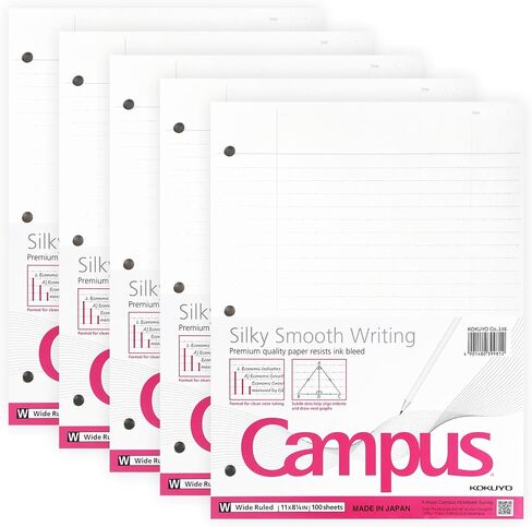 Kokuyo Campus Leaf Leaf Paper for 3 Ring Binders ، 8-1/4 "X11" ، ورقة دفتر ملاحظات واسعة ، 100 ورقة ، 70 GSM اليابانية الملساء يمنع نزيف الحبر ، موردي المدارس ، المصنوعة في اليابان (WSG-NO-887G3) in Kuwait