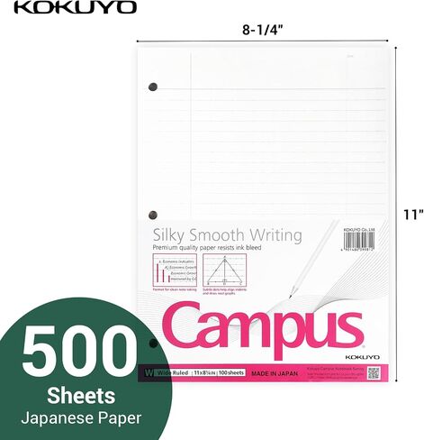 Kokuyo Campus Leaf Leaf Paper for 3 Ring Binders ، 8-1/4 "X11" ، ورقة دفتر ملاحظات واسعة ، 100 ورقة ، 70 GSM اليابانية الملساء يمنع نزيف الحبر ، موردي المدارس ، المصنوعة في اليابان (WSG-NO-887G3) in Kuwait