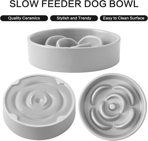 8.25'' Ceramic Slow Feeder Dog Bowls - Petal Shape Modern Dog Food Dish for Medium and Large Breeds, Puzzle Maze Bowl to Slow Down Eating, Anti-Gulping, Dishwasher & Microwave Safe, Grey in Saudi Arabia
