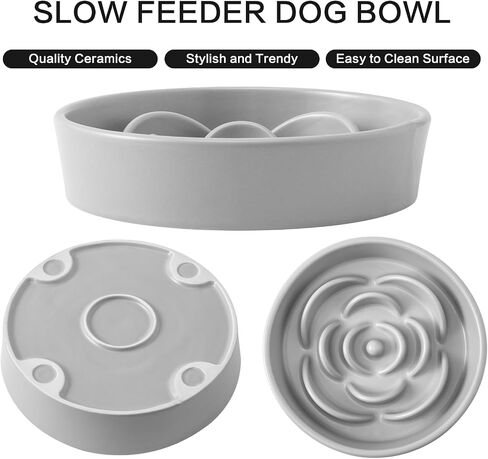 8.25'' Ceramic Slow Feeder Dog Bowls - Petal Shape Modern Dog Food Dish for Medium and Large Breeds, Puzzle Maze Bowl to Slow Down Eating, Anti-Gulping, Dishwasher & Microwave Safe, Grey in Saudi Arabia