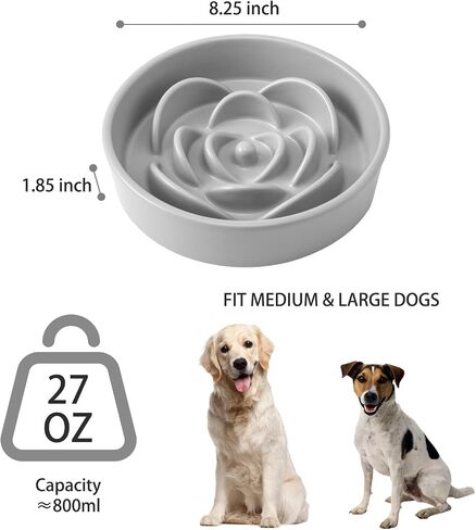 8.25'' Ceramic Slow Feeder Dog Bowls - Petal Shape Modern Dog Food Dish for Medium and Large Breeds, Puzzle Maze Bowl to Slow Down Eating, Anti-Gulping, Dishwasher & Microwave Safe, Grey in Saudi Arabia