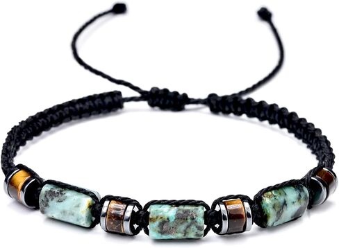 African Turquoise Bracelet, Tiger Eye and Hematite Beads, Black Braided Adjustable in Saudi Arabia