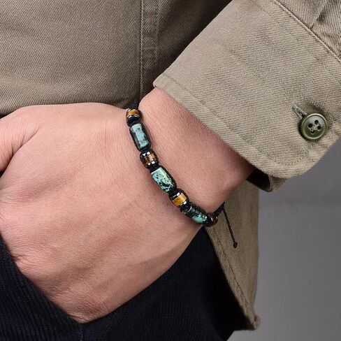 African Turquoise Bracelet, Tiger Eye and Hematite Beads, Black Braided Adjustable in Saudi Arabia