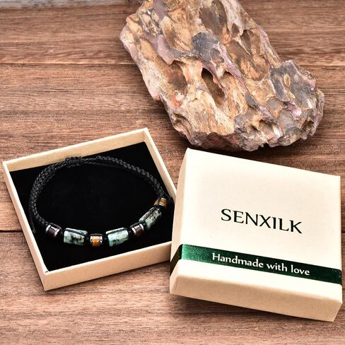 African Turquoise Bracelet, Tiger Eye and Hematite Beads, Black Braided Adjustable in Saudi Arabia