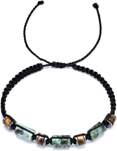 African Turquoise Bracelet, Tiger Eye and Hematite Beads, Black Braided Adjustable in Saudi Arabia