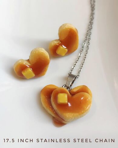Pancake Heart Necklace and Earring Set, Handmade Food Jewelry, Stainless Steel Chain in Saudi Arabia