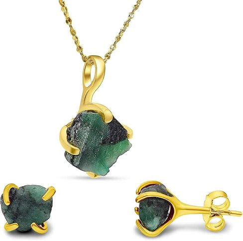 Real raw emerald jewelry set with 925 sterling silver real yellow gold plated birthstone necklace and earring set gift for her by Uniquelan Jewelry (Emerald, yellow-gold) in Kuwait