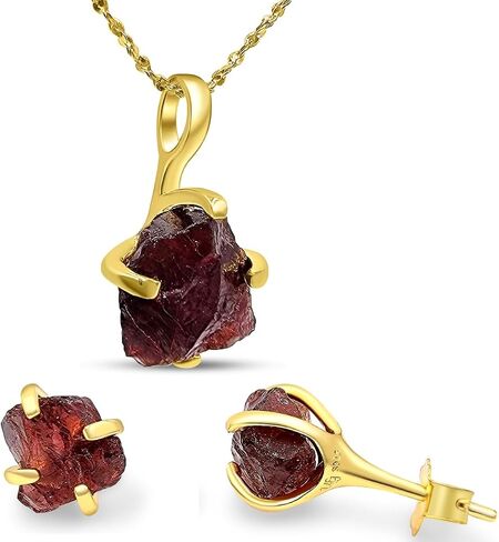 Real raw emerald jewelry set with 925 sterling silver real yellow gold plated birthstone necklace and earring set gift for her by Uniquelan Jewelry (Emerald, yellow-gold) in Kuwait