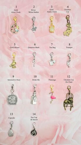 Clip On Charms Zipper Pulls Alice in Wonderland, Cheshire Cat, White Rabbit, Drink Me, Your Choice! (3) Gold Alarm Clock) in Saudi Arabia