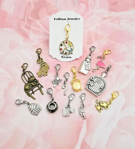 Clip On Charms Zipper Pulls Alice in Wonderland, Cheshire Cat, White Rabbit, Drink Me, Your Choice! (3) Gold Alarm Clock) in Saudi Arabia