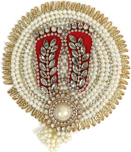 Kundan Lotus Lakshmi Mataji Charan Paduka Lakshmi Feet Diwali Navaratri Pooja Temple Decor Housewarming Gifts (Red White Kundan Pearl) in Saudi Arabia