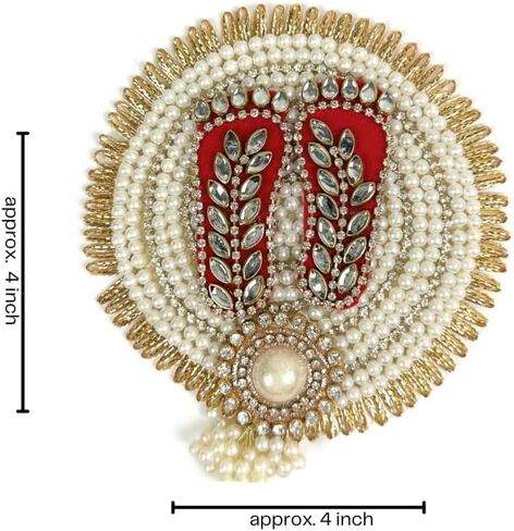 Kundan Lotus Lakshmi Mataji Charan Paduka Lakshmi Feet Diwali Navaratri Pooja Temple Decor Housewarming Gifts (Red White Kundan Pearl) in Saudi Arabia