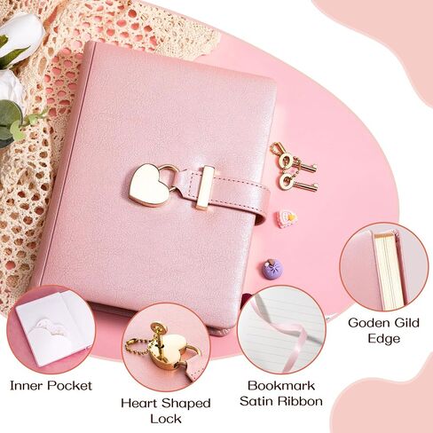 CAGIE Diary with Lock for Girls Ages 8-12 Journal with Lock and Key 296 Gold Edged Pages Heart-Shaped Locked Journal for Women Teen Girls with Gift Box (A - Pearl Pink) in Saudi Arabia