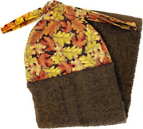 Fall Autumn Maple Harvest Orange Sage Brown Leaves with Gold Thanksgiving Reversible Towel with Ties On Stays Put Kitchen Bathroom Hanging Loop Hand Dish Towel in Saudi Arabia