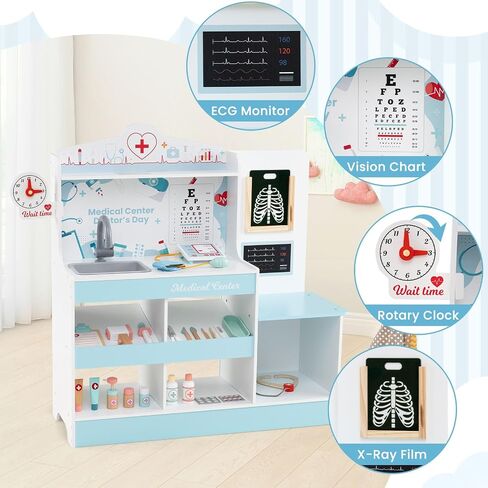 Kotek Kids Doctor PlaySet مع 24 جهاز كمبيوتر ملحقات ، محطة طبية خشبية مع مخطط العين ، ECG Monitor ، فيلم الأشعة السينية ، مركز مستشفى Prayend Play ، هدية تعليمية للبنين والبنات (الوردي) in Kuwait