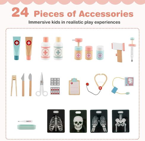 Kotek Kids Doctor PlaySet مع 24 جهاز كمبيوتر ملحقات ، محطة طبية خشبية مع مخطط العين ، ECG Monitor ، فيلم الأشعة السينية ، مركز مستشفى Prayend Play ، هدية تعليمية للبنين والبنات (الوردي) in Kuwait