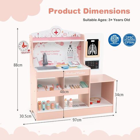 Kotek Kids Doctor PlaySet مع 24 جهاز كمبيوتر ملحقات ، محطة طبية خشبية مع مخطط العين ، ECG Monitor ، فيلم الأشعة السينية ، مركز مستشفى Prayend Play ، هدية تعليمية للبنين والبنات (الوردي) in Kuwait
