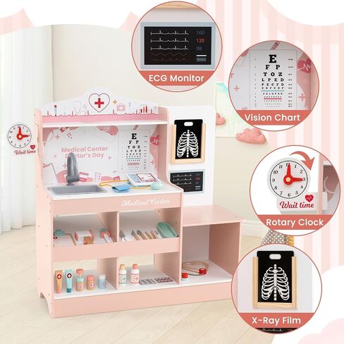 Kotek Kids Doctor PlaySet مع 24 جهاز كمبيوتر ملحقات ، محطة طبية خشبية مع مخطط العين ، ECG Monitor ، فيلم الأشعة السينية ، مركز مستشفى Prayend Play ، هدية تعليمية للبنين والبنات (الوردي) in Kuwait