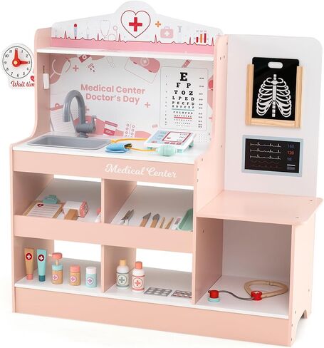 Kotek Kids Doctor PlaySet مع 24 جهاز كمبيوتر ملحقات ، محطة طبية خشبية مع مخطط العين ، ECG Monitor ، فيلم الأشعة السينية ، مركز مستشفى Prayend Play ، هدية تعليمية للبنين والبنات (الوردي) in Kuwait