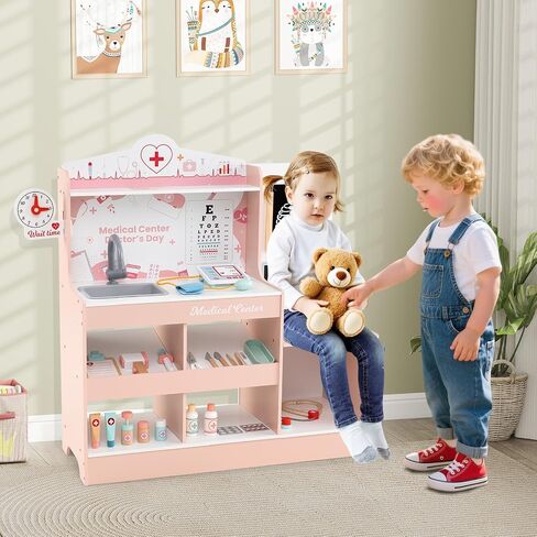 Kotek Kids Doctor PlaySet مع 24 جهاز كمبيوتر ملحقات ، محطة طبية خشبية مع مخطط العين ، ECG Monitor ، فيلم الأشعة السينية ، مركز مستشفى Prayend Play ، هدية تعليمية للبنين والبنات (الوردي) in Kuwait