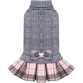 WOYYHO Dog Sweater for Small Dogs Girl Dress with Bowtie Dog Christmas Stweater Pleated Skirt with Leash Hole Winter Dogs Clothes Outfit for Puppy Chihuahua Yorkies Danchshunds Pink Leopard M in Kuwait