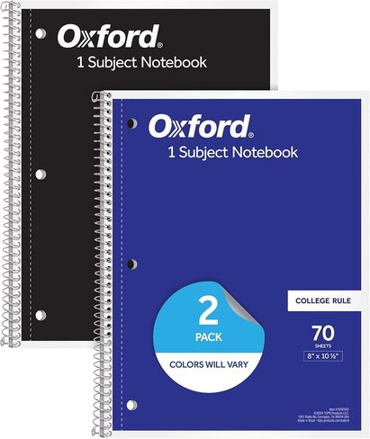 Oxford Spiral Notebooks, 2 Pack, 1 Subject, College Ruled Notebooks for School, 8 x 10.5 Inches, 70 Sheets, Assorted Colors, Back to School Supplies (1002522) in Saudi Arabia
