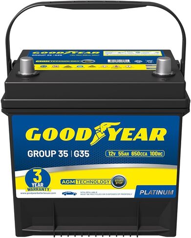 Goodyear 35-AAGM BCI Group Size 35 12V 55 AH ، 100RC ، 650 CCA Platinum Series Reconsable AGM Battery Free Automotive Battery in Kuwait