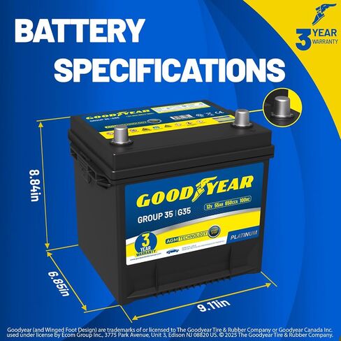 Goodyear 35-AAGM BCI Group Size 35 12V 55 AH ، 100RC ، 650 CCA Platinum Series Reconsable AGM Battery Free Automotive Battery in Kuwait