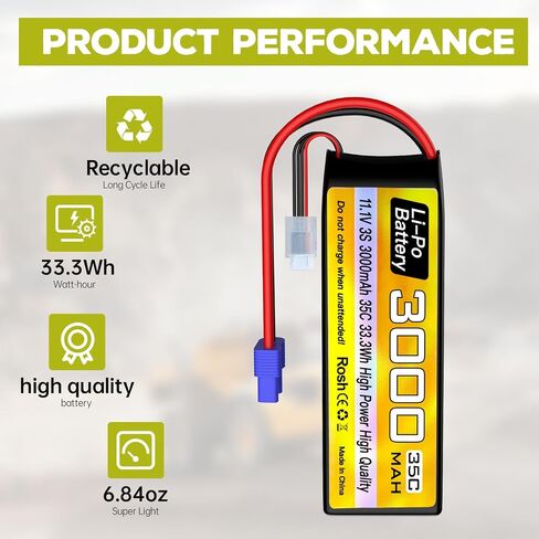 sea jump 3S Lipo Battery 11.1V 3000mAh 35C with EC3 Plug and USB Charging Cable Suitable for RC Car, Truck, Remote Control Boat, RC Quadcopter Aircraft, FPV Drone Battery in Saudi Arabia