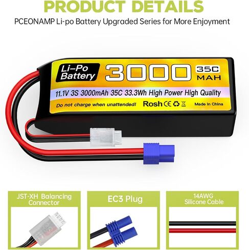 sea jump 3S Lipo Battery 11.1V 3000mAh 35C with EC3 Plug and USB Charging Cable Suitable for RC Car, Truck, Remote Control Boat, RC Quadcopter Aircraft, FPV Drone Battery in Saudi Arabia
