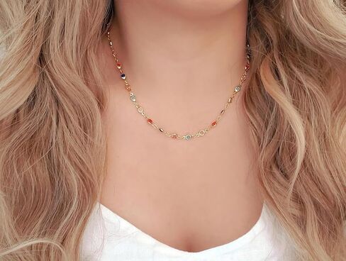 Multi Color Silver Rainbow Bezel Dainty Chain Choker Necklace Linked Colorful in Saudi Arabia