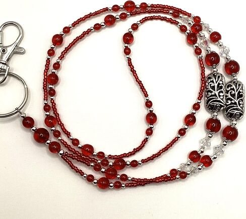 Classic Red and Silver, Beaded Lanyard for, Badge, ID Holder, Keychain, Lanyard for Teacher, Nurse or Office, Teacher Gift, Nurse Gift, 34 inches, Lampwork Beads, Handmade in Saudi Arabia