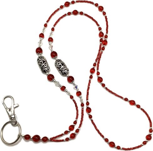 Classic Red and Silver, Beaded Lanyard for, Badge, ID Holder, Keychain, Lanyard for Teacher, Nurse or Office, Teacher Gift, Nurse Gift, 34 inches, Lampwork Beads, Handmade in Saudi Arabia